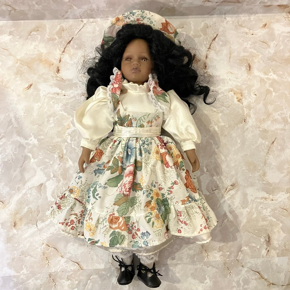 Vintage African American Porcelain Collector's Doll Dark curly hair, brown eyes